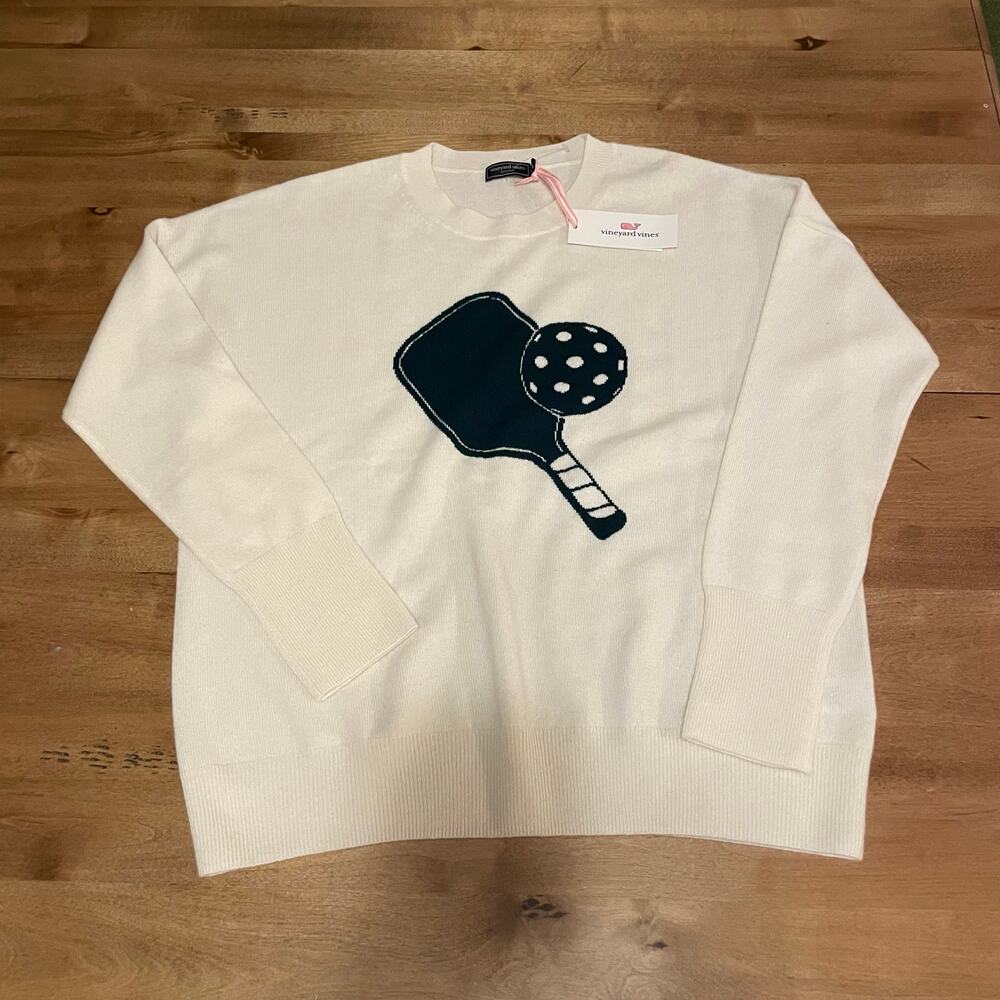 Vineyard Vines NEW Pickleball Sweater 100% Cashmere Sz Small Cream Green Paddle